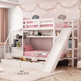 Bunk Bed with 2 Drawers & 3 Shelves, Castle Style Bedframe with Slide for Kids Boys/Girls/Teens
