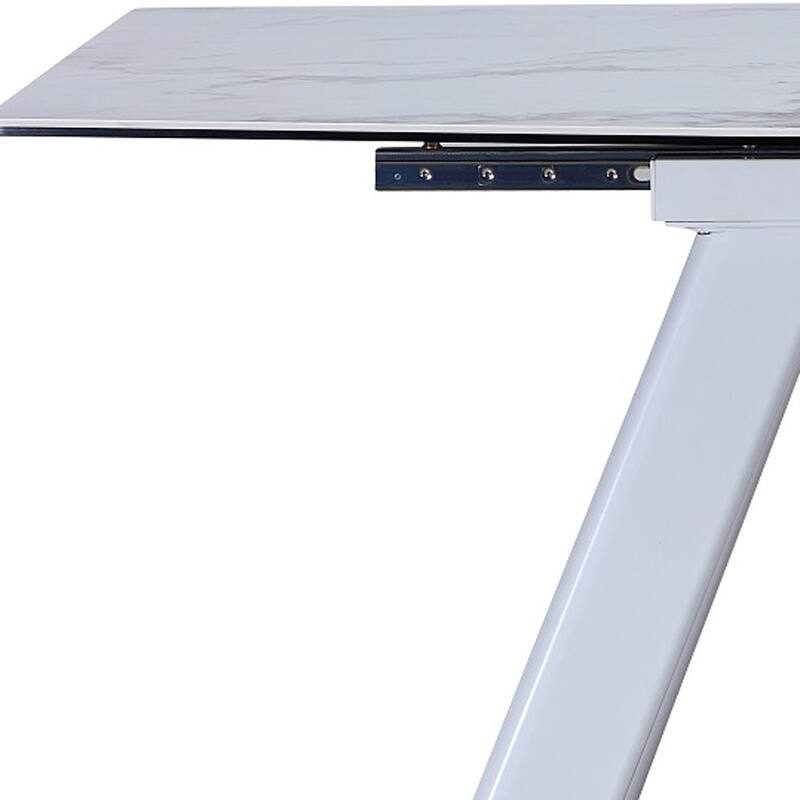 HomeRoots 71" Gray and White Ceramic and Metal Self-Storing Leaf Extendable Dining Table - 71.00 in. x 29.50 in. x 35.50 in.
