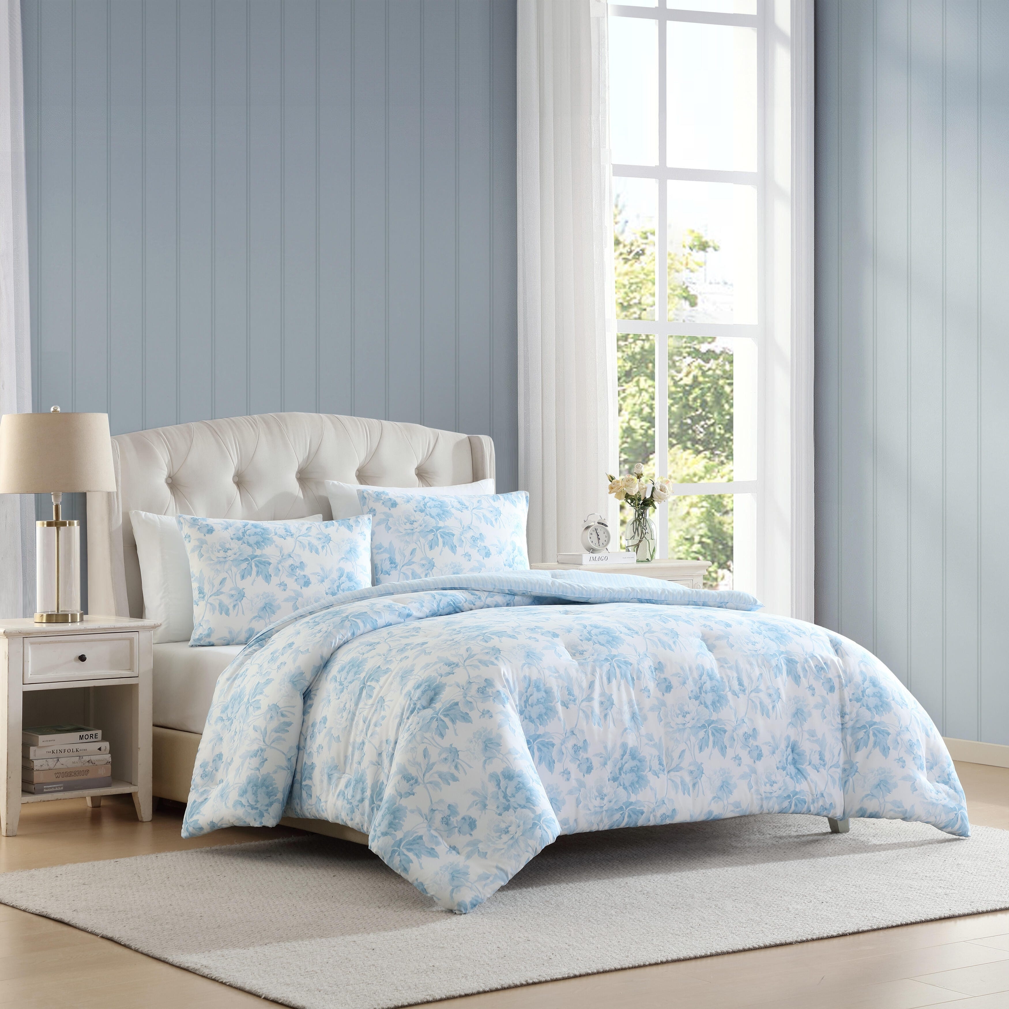 Laura Ashley Anja Textured Toile Reversible Blue Comforter Bonus