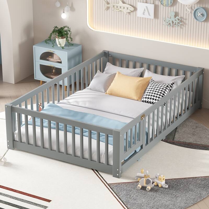 Montessori Toddler Floor Bed with Fence and Switchable Door, Low Profile Bed Frame with Removable Slats, Safe Transition Bed - Natural - Full