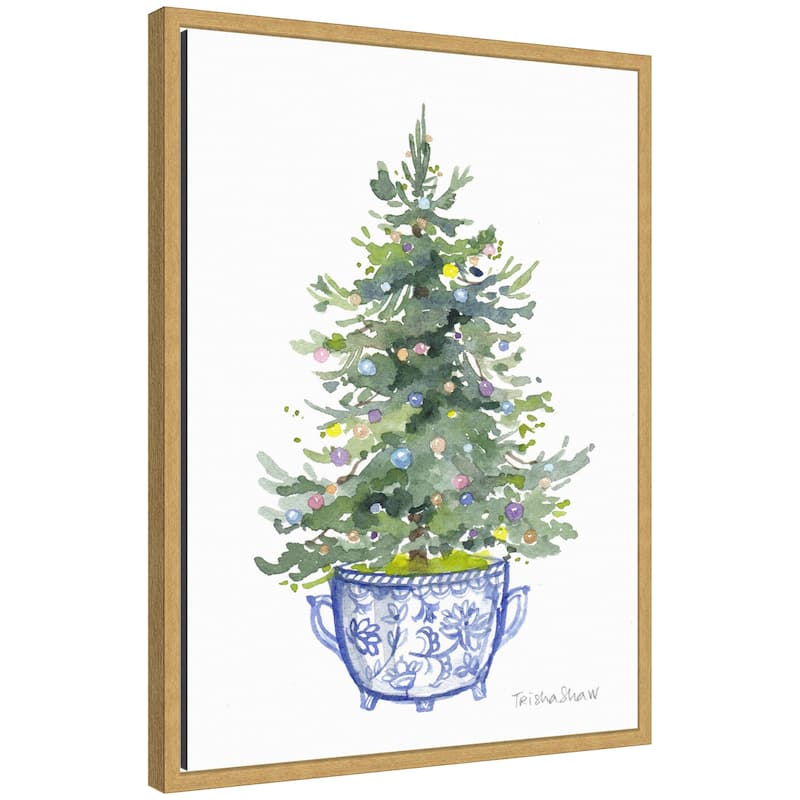 Kate and Laurel Sylvie Framed Canvas Traditional Christmas Tree In Blue Chinoiserie Pot by Patricia Shaw - Yellow