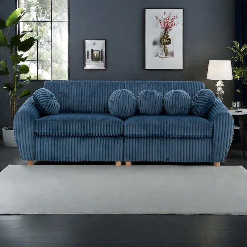 84.4" Corduroy 3-Seater Sofa with Solid Wood Frame, Comfortable Cushions - Blue