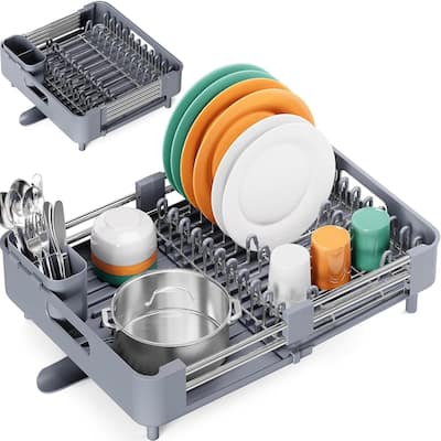 Dish Drying Rack for Kitchen Counter, Extendable Dish Rack with Drainboard