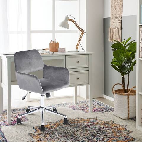 Modern Velvet Upholstered Adjustable Office Chair, Makeup Vanity Chair with Armrests for Bedroom Swivel Rolling Chair