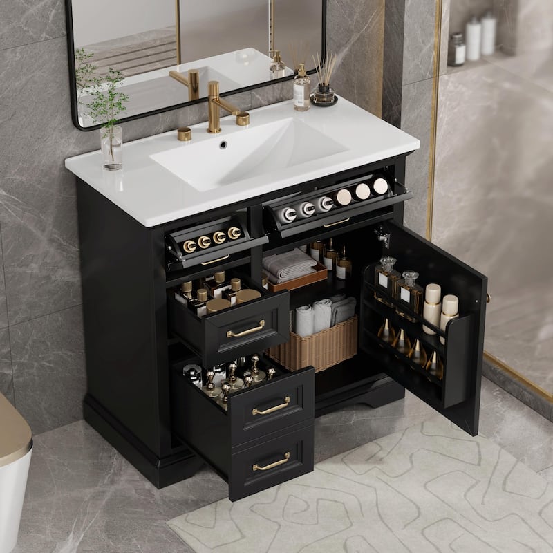 36-Inch Bathroom Vanity with Ceramic Sink Top - 4 Drawers and 1 Soft-Close Door