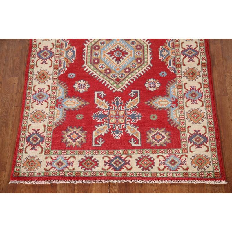 Red Kazak Oriental Accent Rug Hand-Knotted Wool Carpet - 3'4"x 4'10"