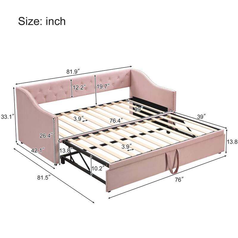 Twin Size Upholstered Daybed with Pop-Up Trundle, Expandable from Twin to King, Velvet with Armrests