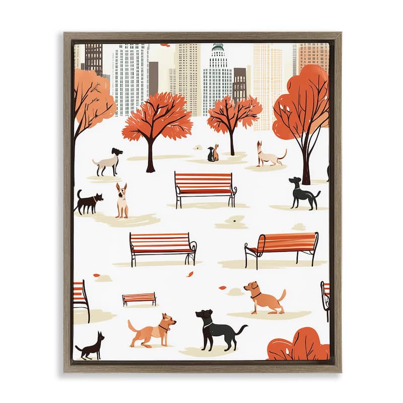 Stupell Autumn City Park Dogs Framed Floater Canvas Wall Art Design By Arlington Prints - 17 x 21 - Brown