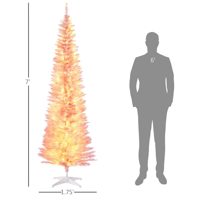 HOMCOM Pre-Lit Slim Noble Fir Tree - Warm White LED Lights, Pink, Holiday Decor - Pink