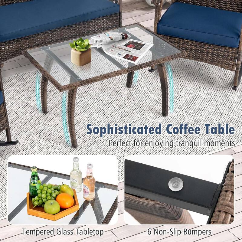 4 PCS Wicker Rocking Set w/ Coffee Table Heavy-Duty Metal Frame