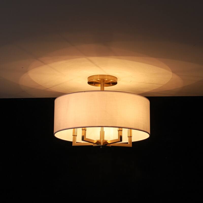 4-Light Mid-Century Modern Gold Semi-Flush Mount Light with White Drum Shade for Bedroom/Living Room