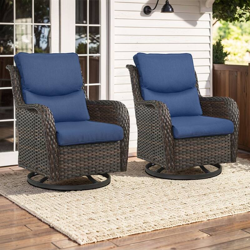 Pocassy Outdoor Swivel Chairs Patio Furniture Set - Brown Rattan - Blue Cushion - 2PCS Swivel Chairs