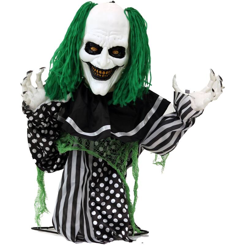 Haunted Hill Farm 2-ft. Animated Clown, Indoor/Covered Outdoor Halloween Decoration, Red LED Eyes, Poseable, Absinthe