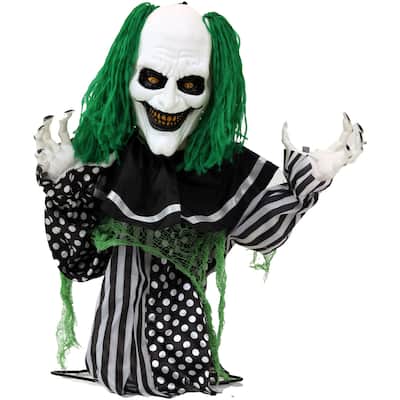 Haunted Hill Farm 2-ft. Animated Clown, Indoor/Covered Outdoor Halloween Decoration, Red LED Eyes, Poseable, Absinthe