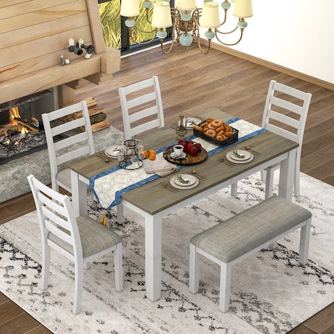 Rustic Dining Room Table Set with 4 Upholstered Chairs& Bench, 6-Piece