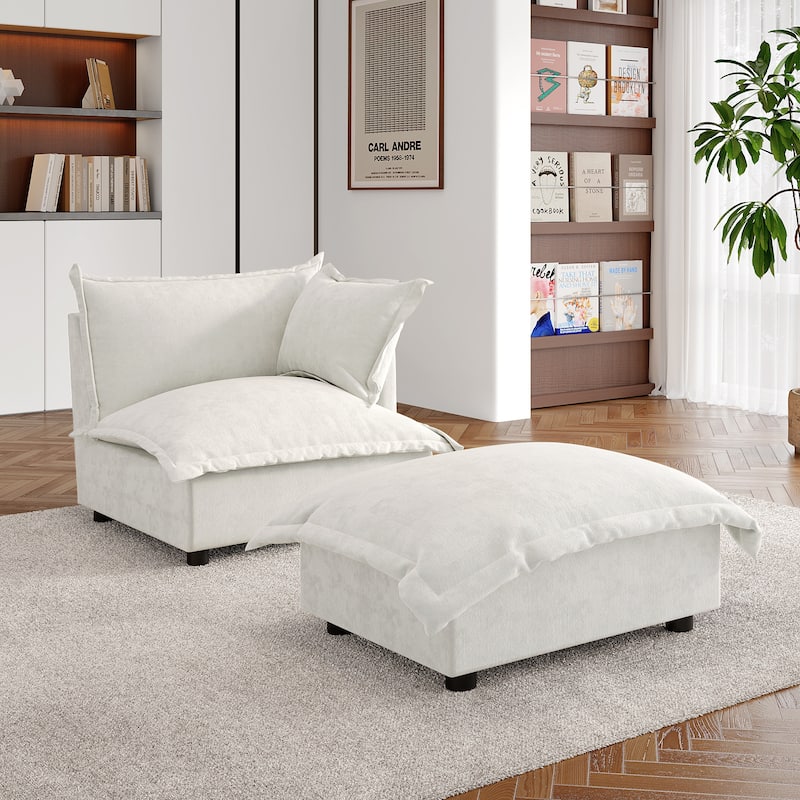 Double Layer Cushion Comfy Cloud Modular Sectional Sofa Set - Corner Sofa+Ottoman-Beige - Right Facing