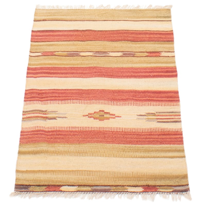 ECARPETGALLERY Flat-Weave Bold and Colorful Cream Wool Kilim - 2'0 x 3'3