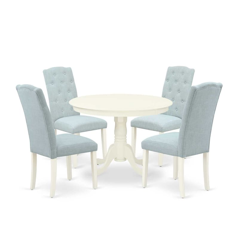 HomeStock 5-Piece Round Linen White Finish Solid Wood Top Dining Table with 4-Parson Chair with Lattice Back