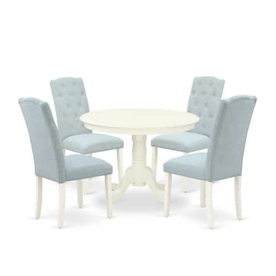 HomeStock 5-Piece Round Linen White Finish Solid Wood Top Dining Table with 4-Parson Chair with Lattice Back