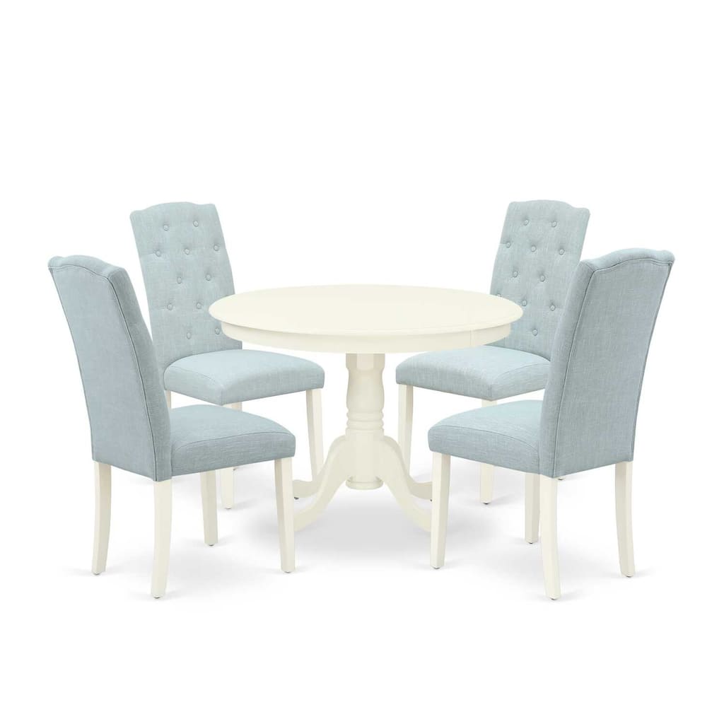 HomeStock 5-Piece Round Linen White Finish Solid Wood Top Dining Table with 4-Parson Chair with Lattice Back