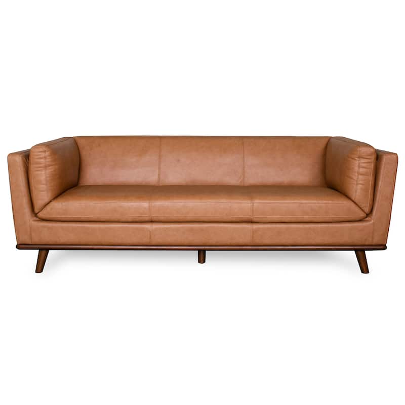 Madison Mid-Century Modern Top Grain Leather Sofa with Walnut-Finished Base