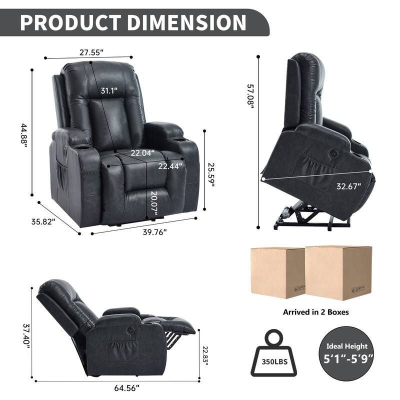 PU Infinite Position Power Lift Recliner with Massage, Heat & USB Charging - 350 LB Capacity