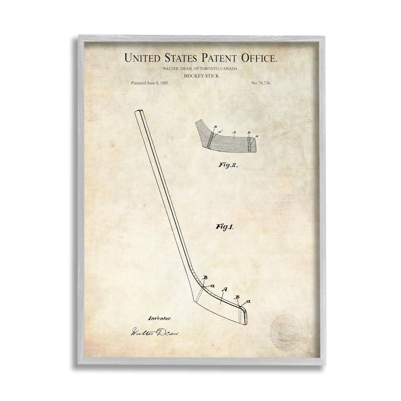 Stupell Vintage Hockey Stick Sports Diagram Patent Blueprint Framed Wall Art - Beige - 11 x 14 - Grey