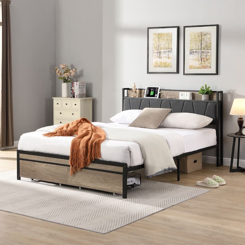 Black+Grey Full Size Metal Platform Bed with Drawers,Upholstery Storage Function Headboard and Usb Liner