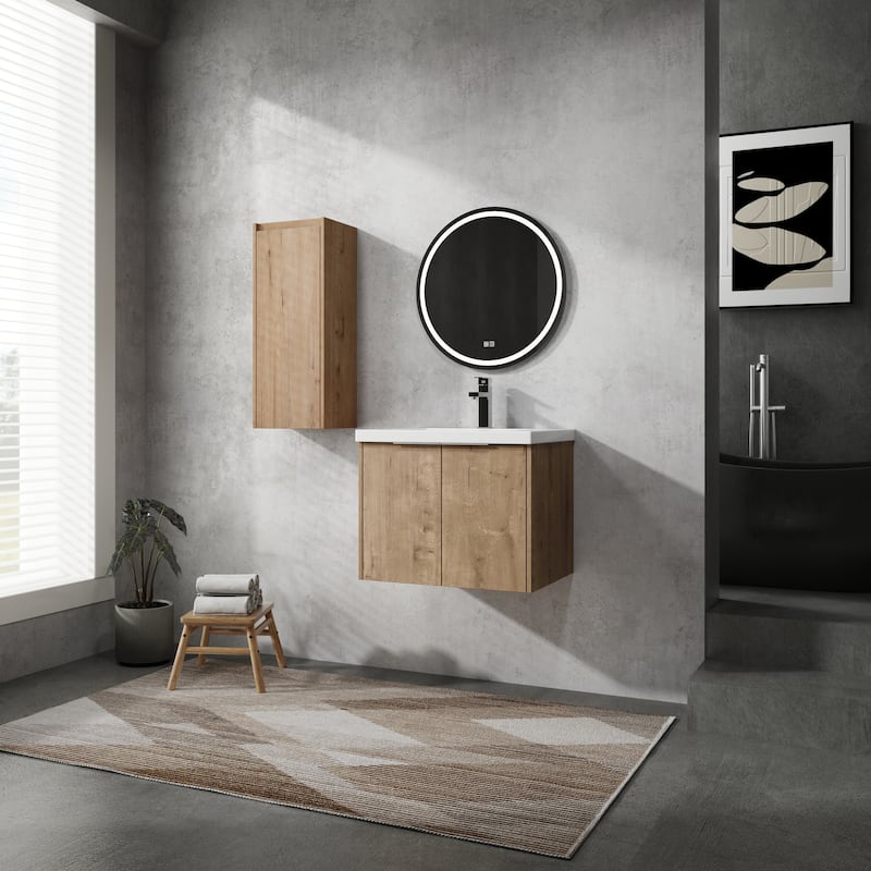 24" Floating Bathroom Vanity with Resin Sink, Side Cabinet, Soft-Close Hinges, and Water-Resistant Plywood Construction