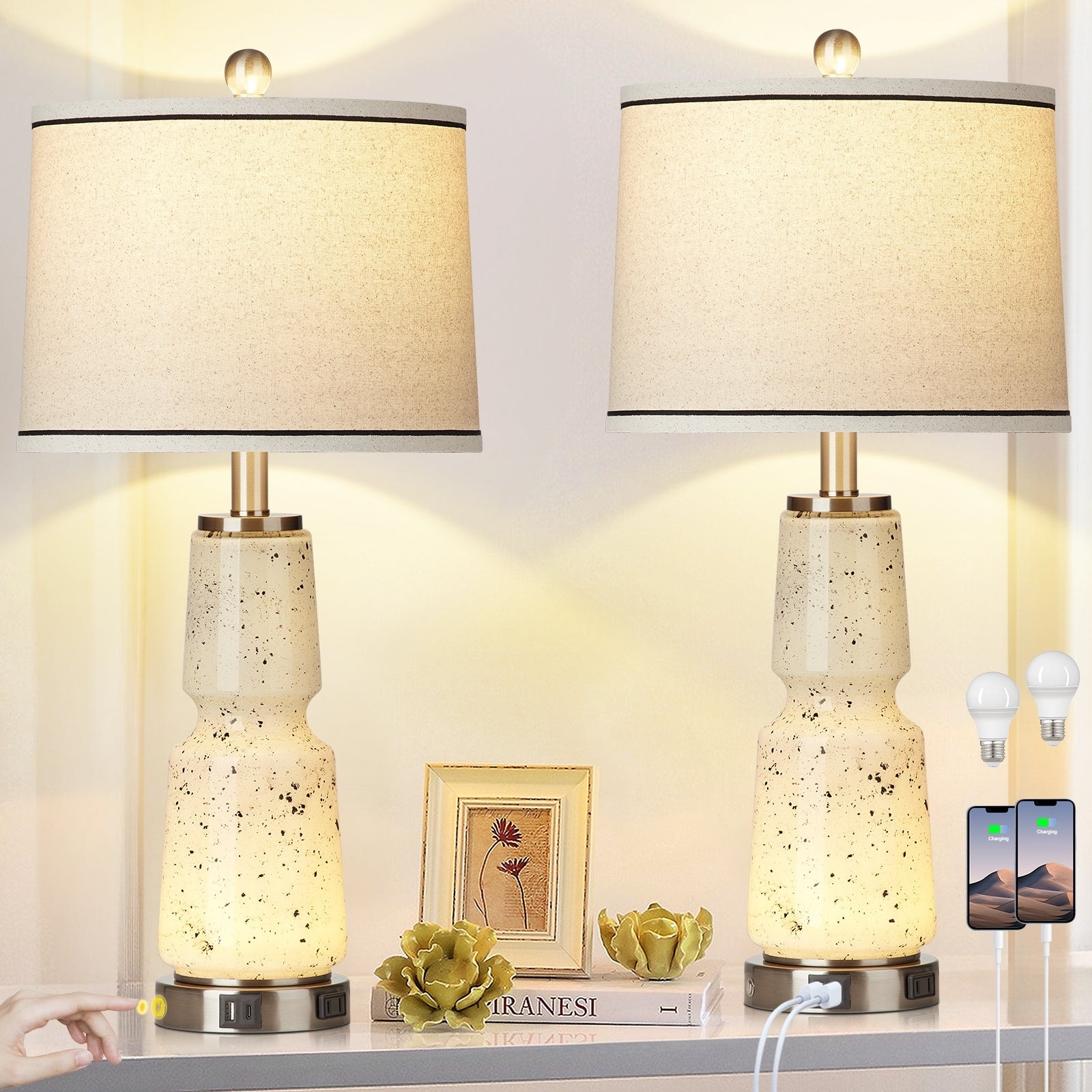 Table Lamps Nightlight 2in1 Glass Ink Textile 2-Way Touch Switch(Set of 2)