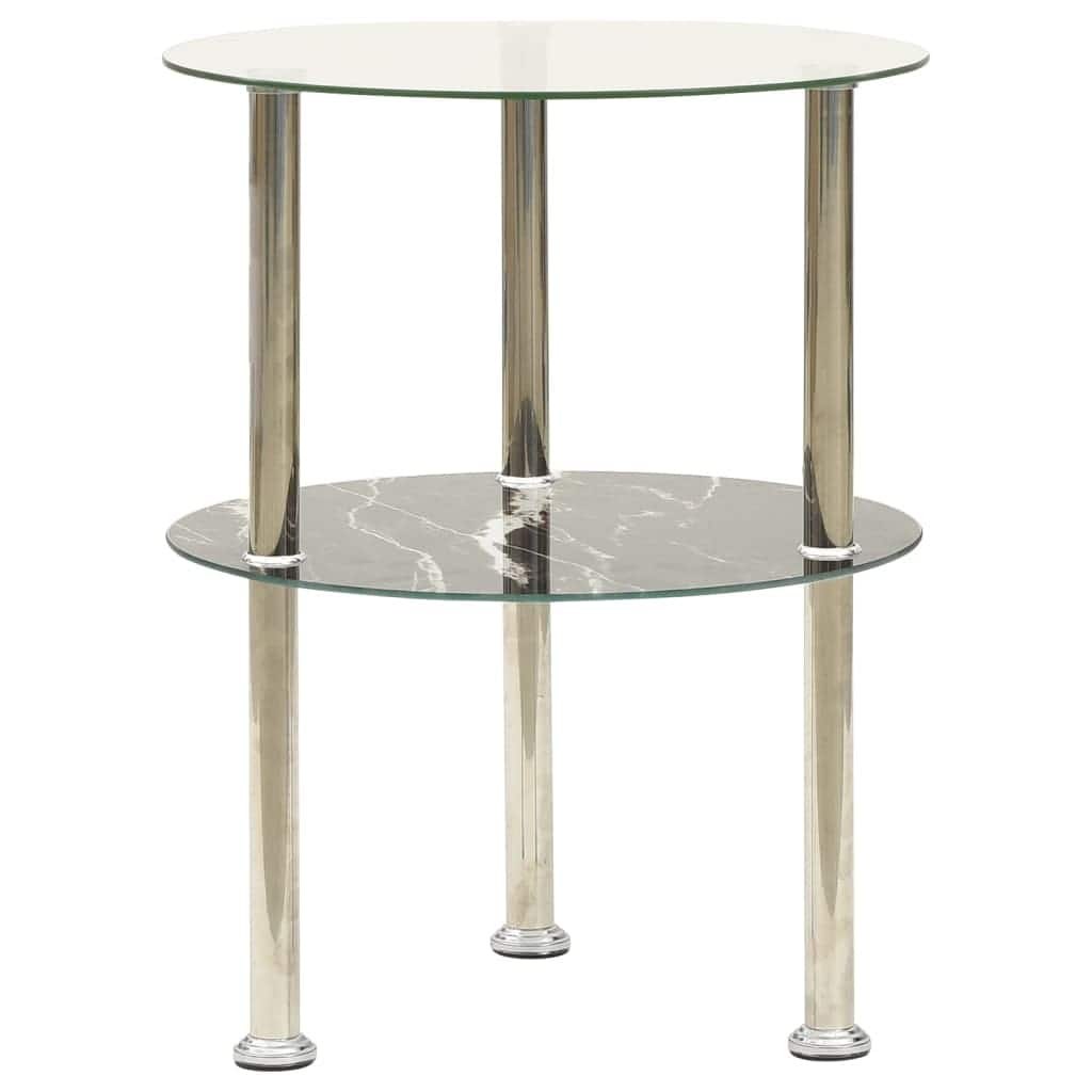 vidaXL 2-Tier Side Table Transparent & Black Marble 15" Tempered Glass - 15" x 19.7"