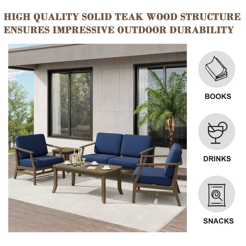 Teak Outdoor Patio Seating Set with Loveseat, Chairs and Tables (5-Piece)
