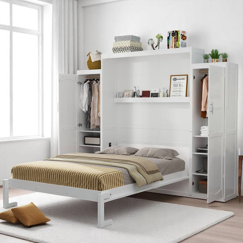 Full/Queen Murphy Bed with 2 Wardrobes and Shelf, Foldable Wall Bed Frame with Storage for Guest Room or Bedroom - White - Full
