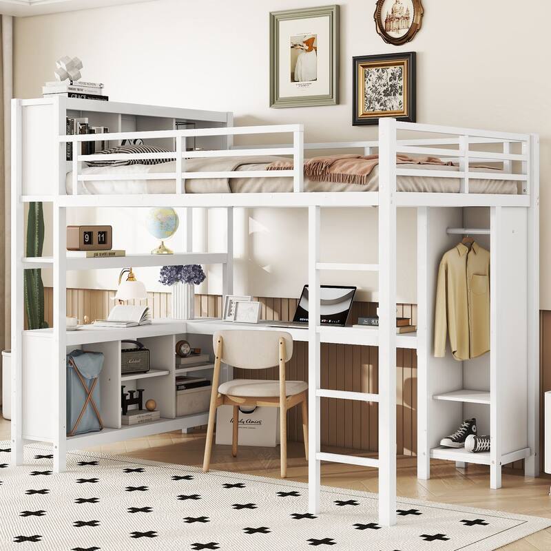 Heavy Duty Full Size Loft Bed with Desk, Wardrobe, Storage Shelves, and Cubes for Teens, Dorms, Apartments - Off White Full - Full