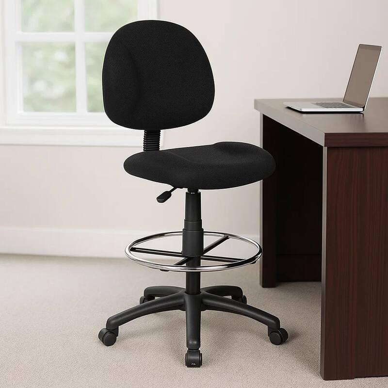Jea Drafting Stool Chair, Black Tweed, Contoured Back and Footring