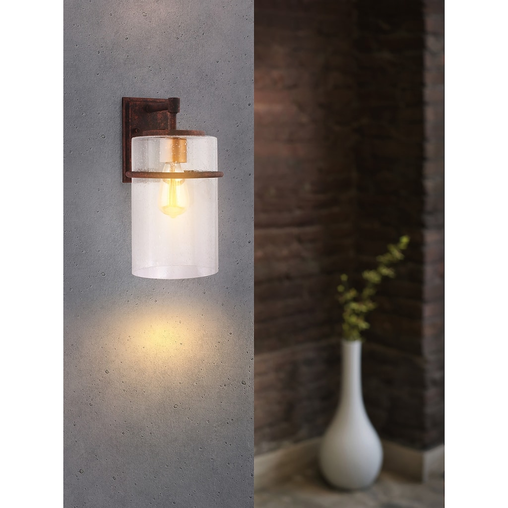 Eglo Brandel 5-inch Rust Light Outdoor Wall Sconce with Clear Seedy Glass