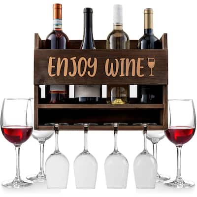 "Enjoy Wine" Wall Mounted Wine Rack - Unique Wine Gifts - 4 Wine Glasses Included