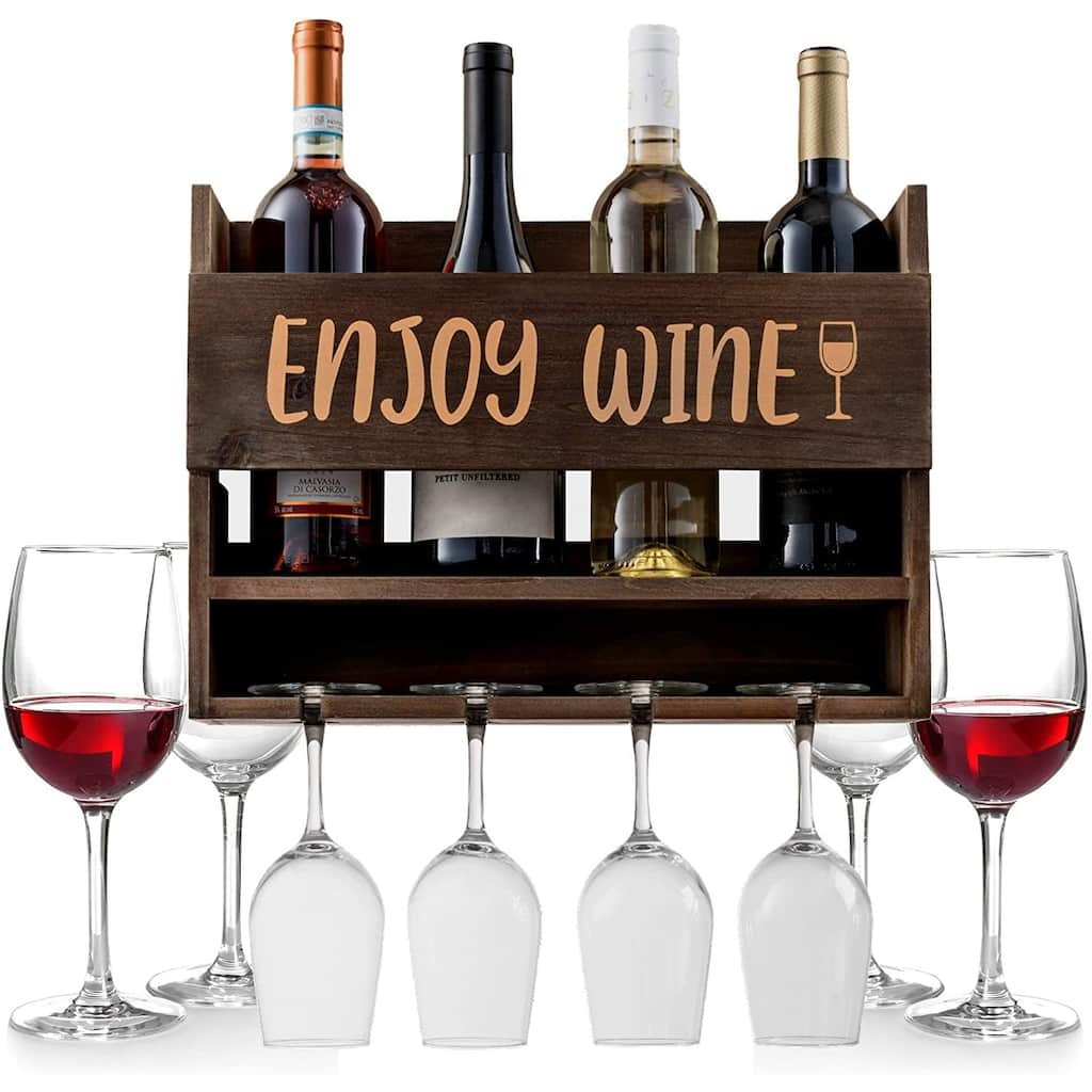 "Enjoy Wine" Wall Mounted Wine Rack - Unique Wine Gifts - 4 Wine Glasses Included