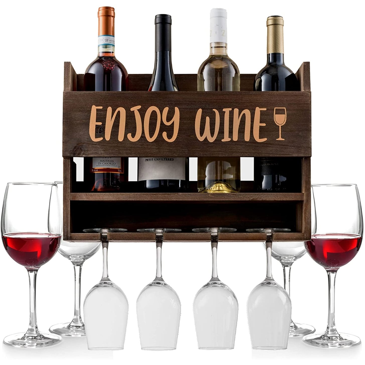 "Enjoy Wine" Wall Mounted Wine Rack - Unique Wine Gifts - 4 Wine Glasses Included