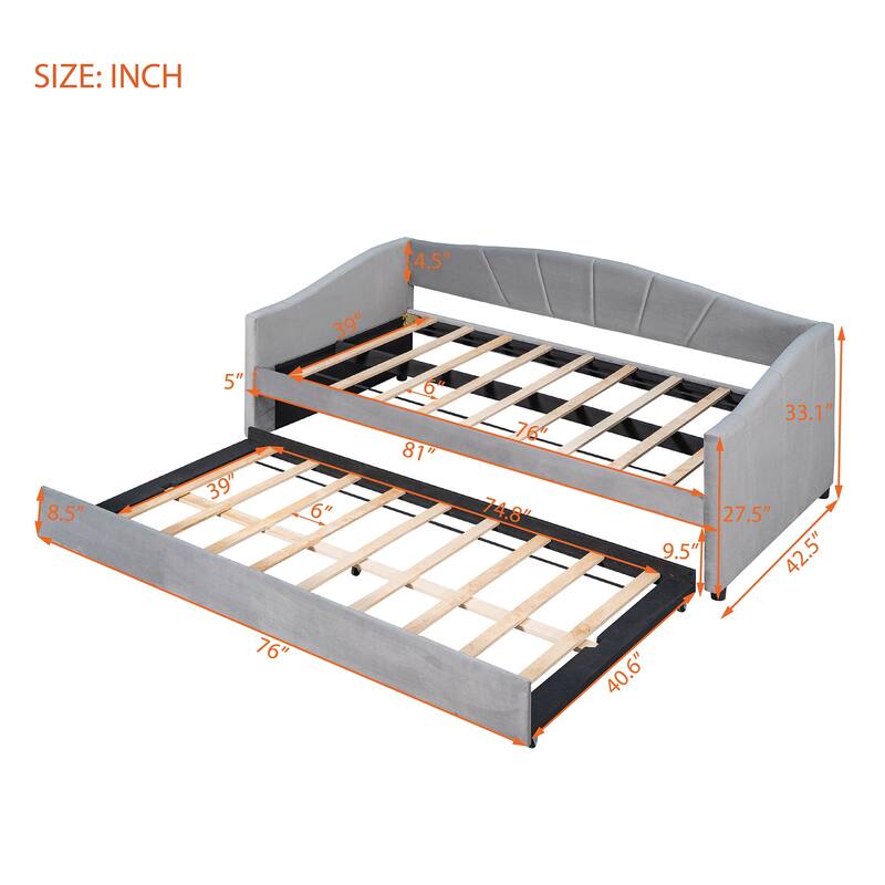 Twin Size Upholstered Daybed with Trundle, Wooden Tufted Sofa Bed Frame with 2 Drawers Underneath & Wood Slat Support