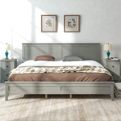 Roomfitters King Size Wooden Platform Bed Frame with High Headboard, Sturdy Bed for Bedroom
