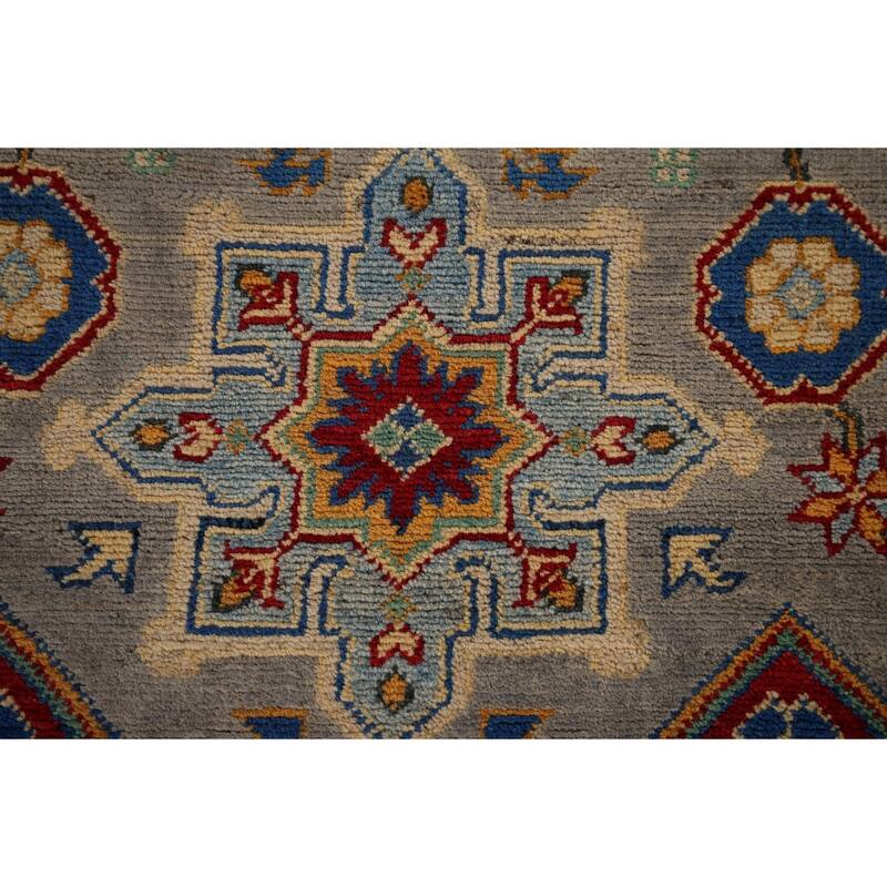 Geometric Kazak Runner Rug Hand-Knotted Grey Wool Carpet - 2'7" x 16'3"