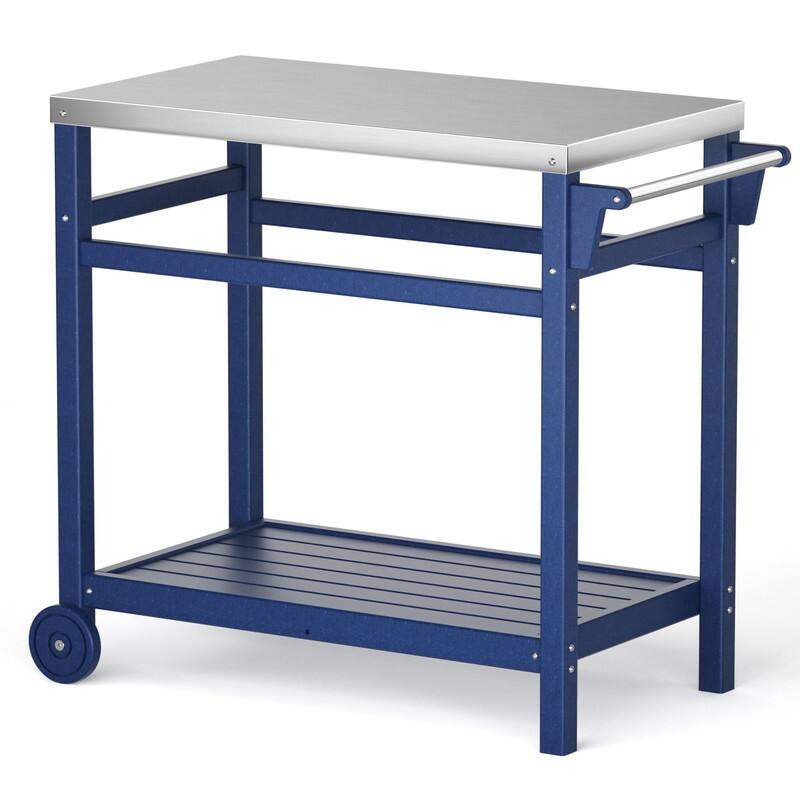 Portable Outdoor Grill Cart with HDPE Legs,Stainless Steel Top&Double-Shelf Storage for BBQ Prep Table