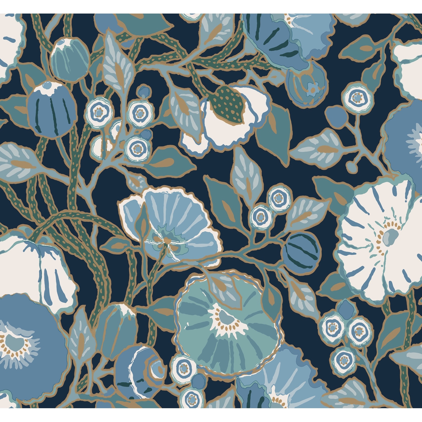 York Wallcoverings Poppies Black & Blue Metallic Wallpaper