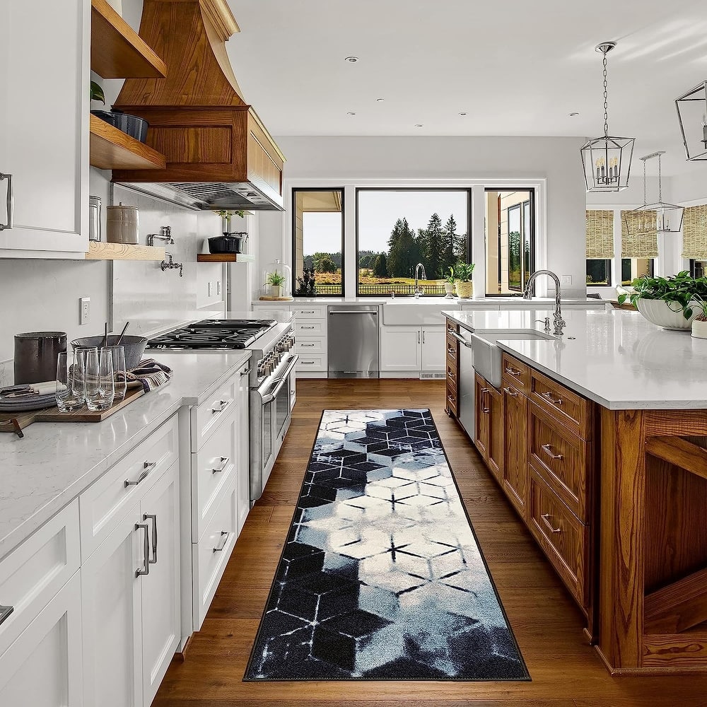 Custom Size Cubes Abstract Design Blue,Beige Color Non-Slip Rubber Backing-26 Inch WidexYour Choice of Length Runner Rug