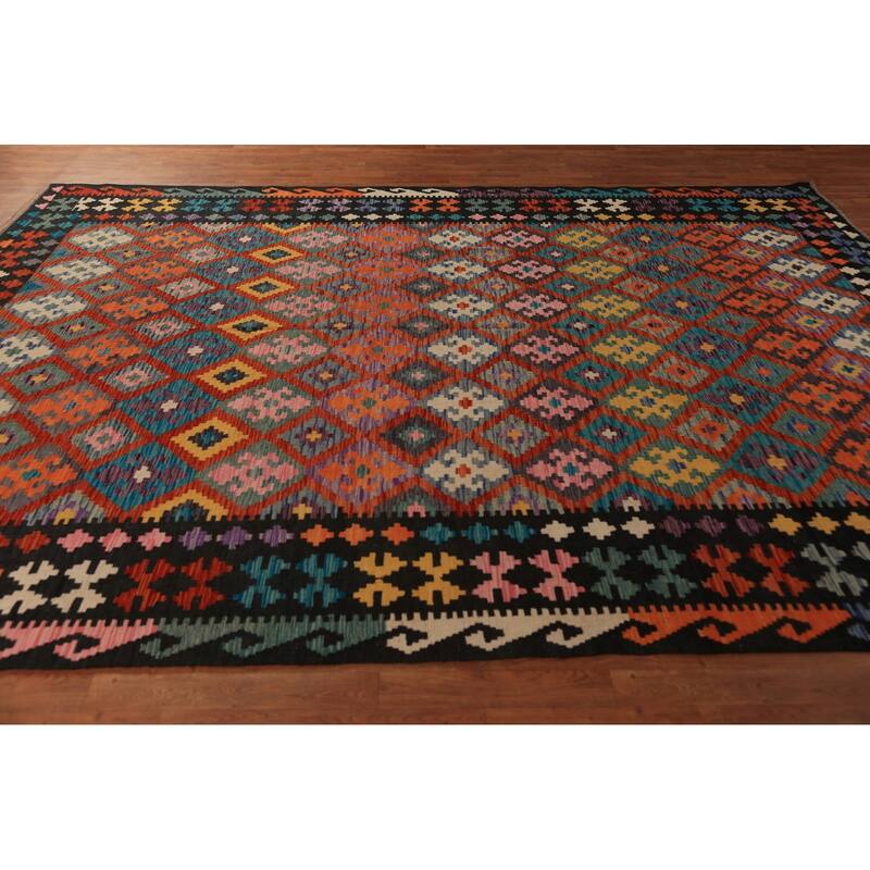 Tribal Geometric Kilim Area Rug Hand-Woven Wool Carpet - 8'7"x 11'6"
