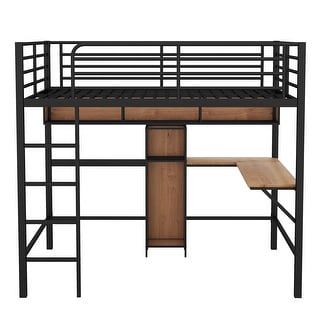 Metal Full Size Loft Bed Frame with L-Shaped Desk & Storage Shelves