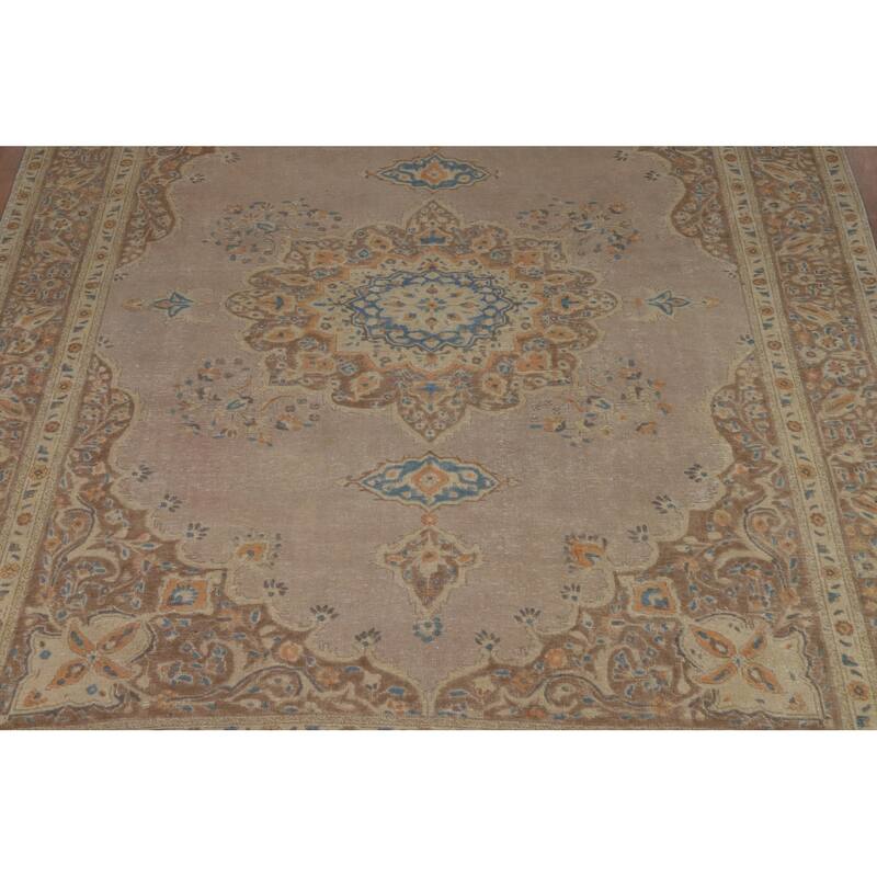 Brown Medallion Tabriz Persian Area Rug Handmade Floral Wool Carpet - 9'7"x 12'3"