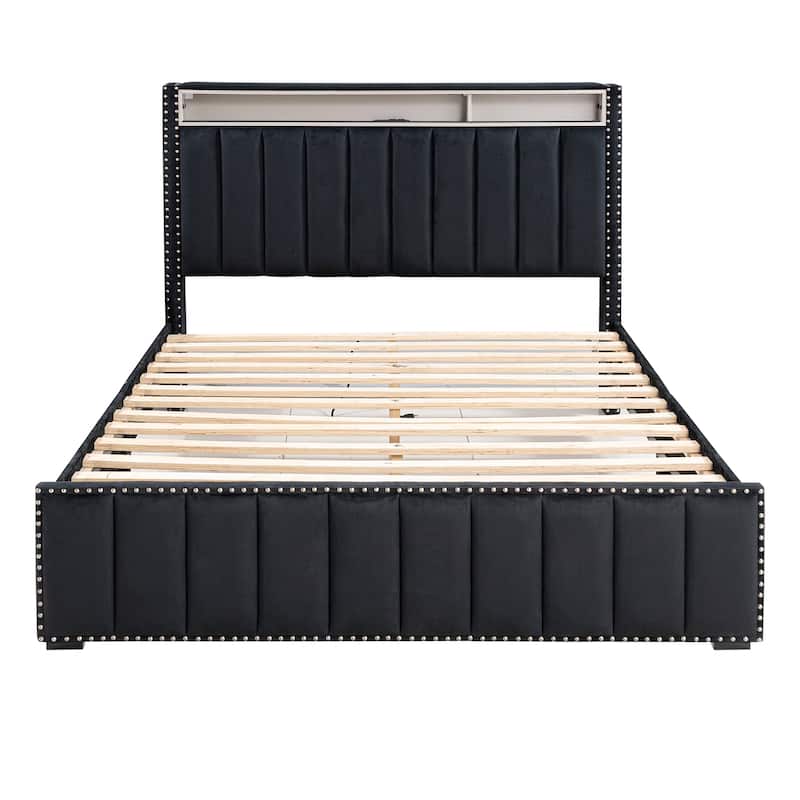 Modern Black Solid Wood Bed Frame with Open Compartments