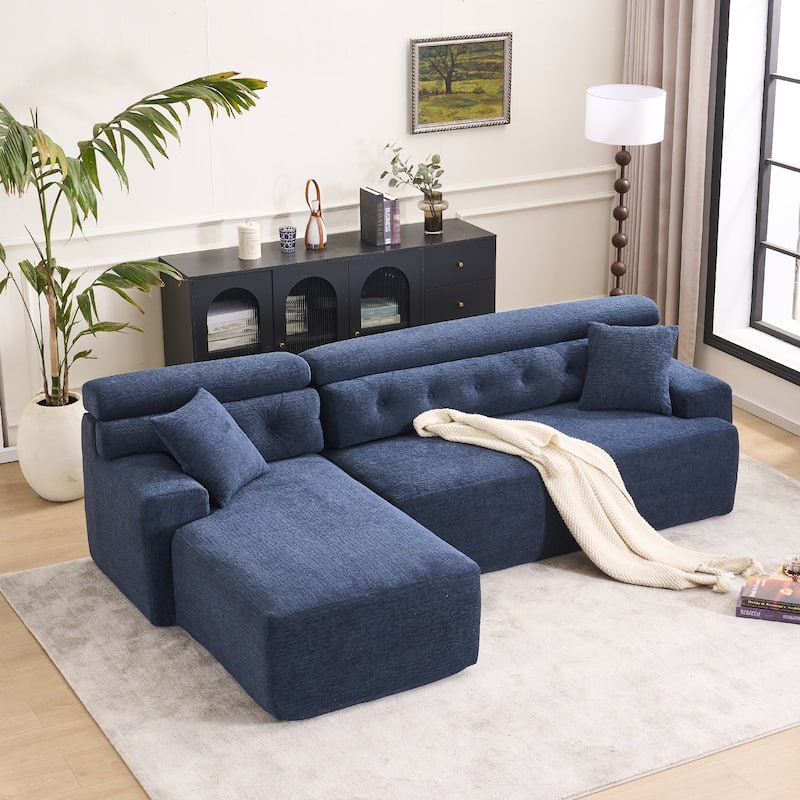 Full Compression Sponge L-Shape No-Assembly Chenille Convertible Chaise Sectional Sofa - Antique Blue